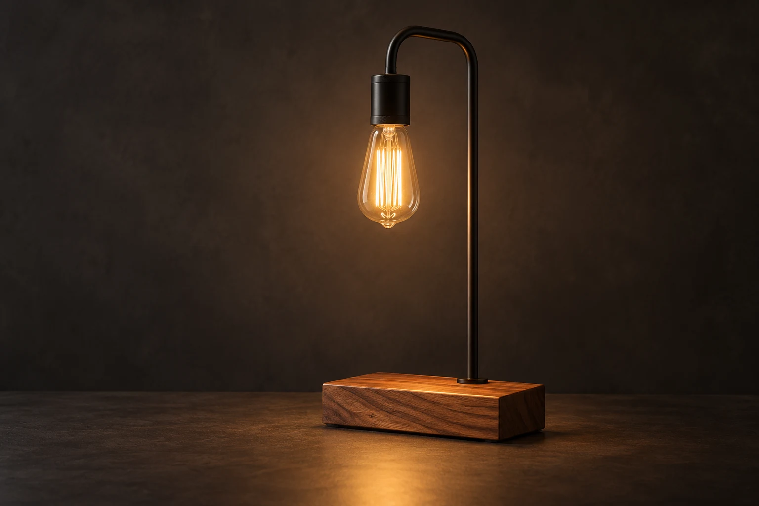 Industrial lamp with a walnut base, black metal upright, and a glowing Edison bulb